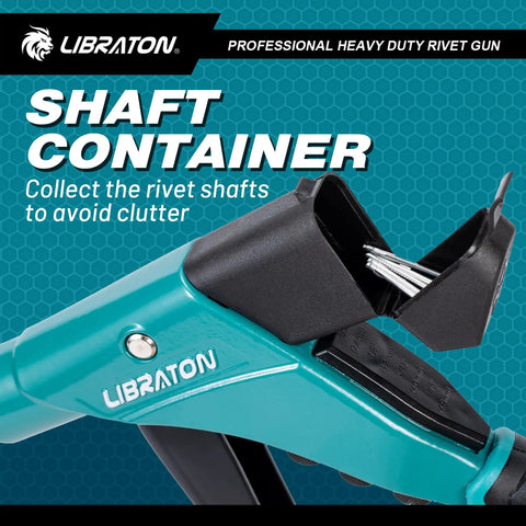Libraton Heavy Duty Pop Rivet Gun one handed with shaft container designed for easy collection and storage of rivet shafts.
