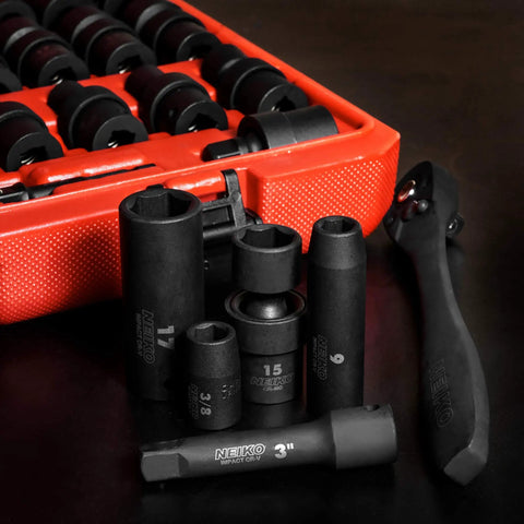 Impact Socket Set Three Eighths Inch Drive 67 Piece Master Kit With Shallow And Deep Sockets, Ratchet, Red Case Display