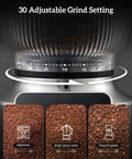 30 adjustable grind setting on Premium Rock Solid Professional Conical Burr Coffee Grinder With Rust Proof Stainless Steel Body.