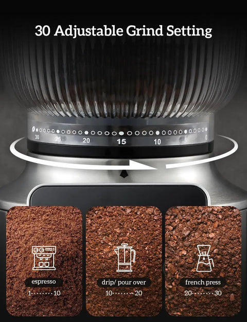 30 adjustable grind setting on Premium Rock Solid Professional Conical Burr Coffee Grinder With Rust Proof Stainless Steel Body.