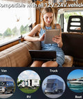 Woman using tablet in RV; highlights Road Ready 24W USB C Car Charger Featuring Slick Aluminum Housing And Snappy PD 3.0 Plus QC 3.0 Fast Charging For RVs Trucks And Sedans Dash Outlet Plug And Play Power Hub.