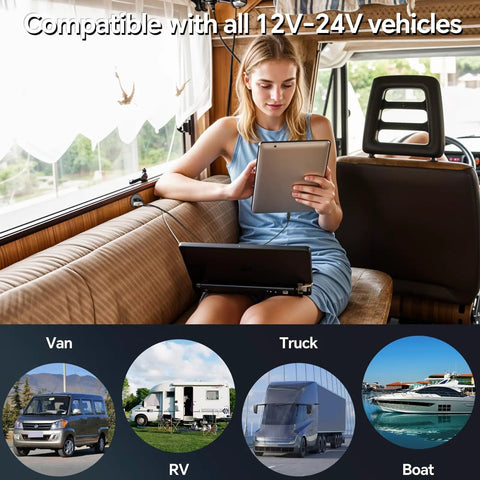 Woman using tablet in RV; highlights Road Ready 24W USB C Car Charger Featuring Slick Aluminum Housing And Snappy PD 3.0 Plus QC 3.0 Fast Charging For RVs Trucks And Sedans Dash Outlet Plug And Play Power Hub.
