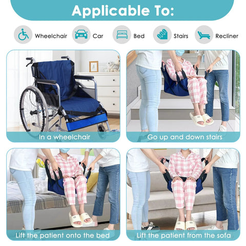Blue patient lift transfer sling with four handles for bed-to-wheelchair transfers