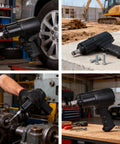 Heavy Duty Three Quarter Inch Air Impact Wrench Built On A Knockout Twin Hammer Frame used on vehicles and machinery in a garage.