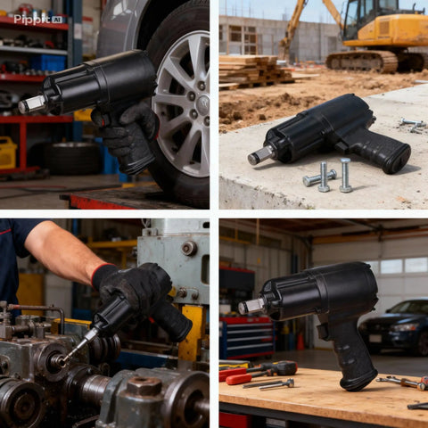 Heavy Duty Three Quarter Inch Air Impact Wrench Built On A Knockout Twin Hammer Frame used on vehicles and machinery in a garage.