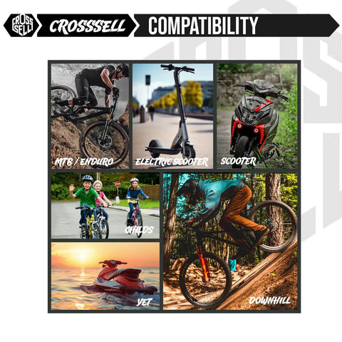 Image showing compatibility with MTB Enduro, electric scooters, scooters, kids bikes, jet skis, and downhill cycling activities.
