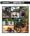 Collage of various compatible rides: MTB/Enduro, electric scooter, scooter, kids bicycle, jet ski, and downhill biking.