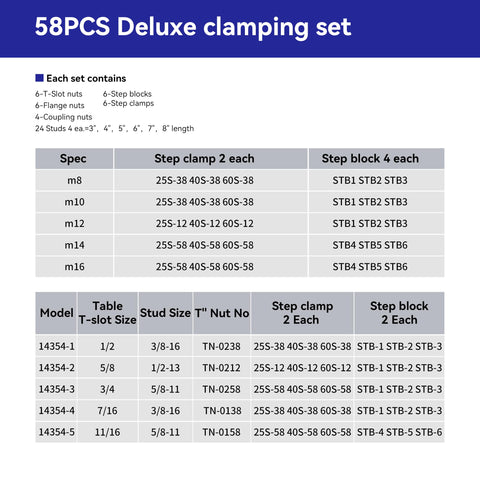 Hold Down Clamp Clamping Complete Set Kit For Bridgeport Mill Machine Featuring Durable Tool Steel Construction Solid 3/8 Inch Studs Heavy Duty workholding for 58PCS Deluxe clamping kit components.
