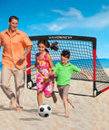 Family playing soccer with 2 Pack 4x3 Feet Portable Kids Soccer Goals For Backyard Practice Pop Up Easy Setup Indoor And Outdoor Training Kit