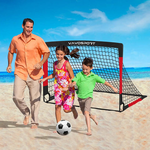 Family playing soccer with 2 Pack 4x3 Feet Portable Kids Soccer Goals For Backyard Practice Pop Up Easy Setup Indoor And Outdoor Training Kit