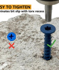 Close-up of a Torx head concrete screw being installed in masonry, highlighting the easy tightening feature with correct and incorrect examples.