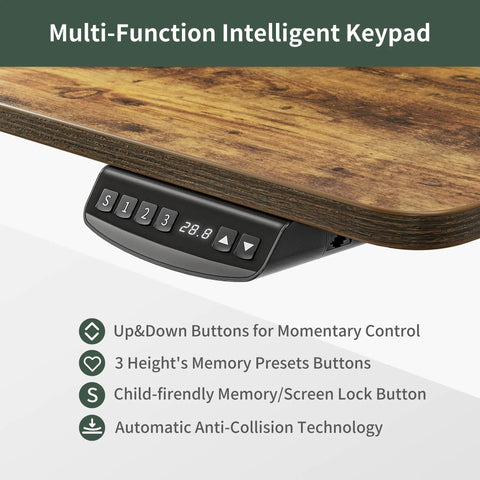 Close-up of multi-function keypad on Height Adjustable Electric Standing Desk with Double Drawers and Storage Shelf in rustic brown.