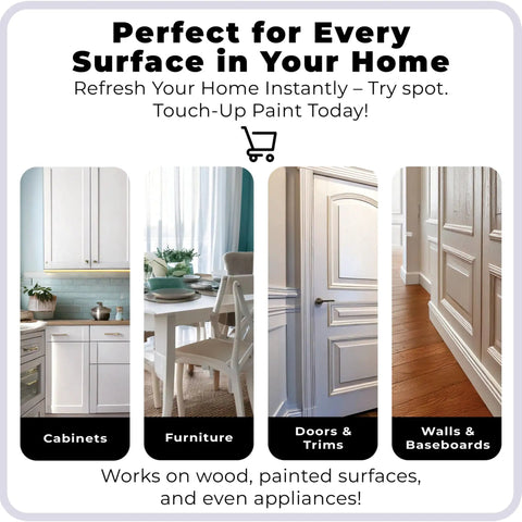 Three Shade Matte White Touch Up Paint Kit For Cabinets Walls Doors And Furniture With Quick Dry Easy Fix shown on surfaces