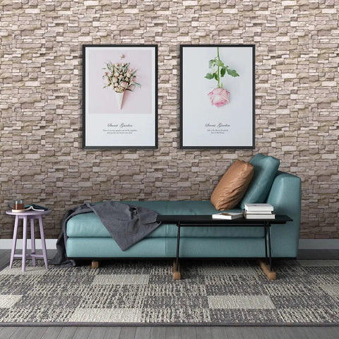 Room with 20 Pack 3D Wall Panels Peel And Stick Foam Brick Wallpaper Faux Stone Self Adhesive 7mm Thick Waterproof Dustproof Easy Clean Rock Color DIY Ready