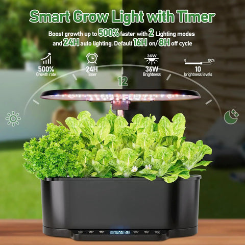 Smart Indoor Hydroponics Growing System Kit With 15 Pod Herb Garden, showing 36W grow light and auto timer in action