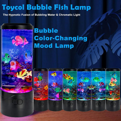 Toycol bubble fish lamp with color-changing LED lights and animated tropical fish against a dark background