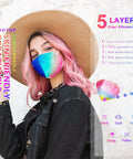 Woman wearing colorful KN95 Face Masks 60 Pack Individually Wrapped 5 Layer Colorful Disposable Masks with hat and pink hair