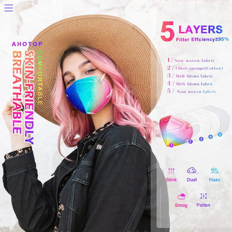 Woman wearing colorful KN95 Face Masks 60 Pack Individually Wrapped 5 Layer Colorful Disposable Masks with hat and pink hair