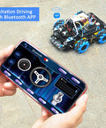 Toy robot car kit with blue omni wheels, Arduino-compatible, Bluetooth control via smartphone.