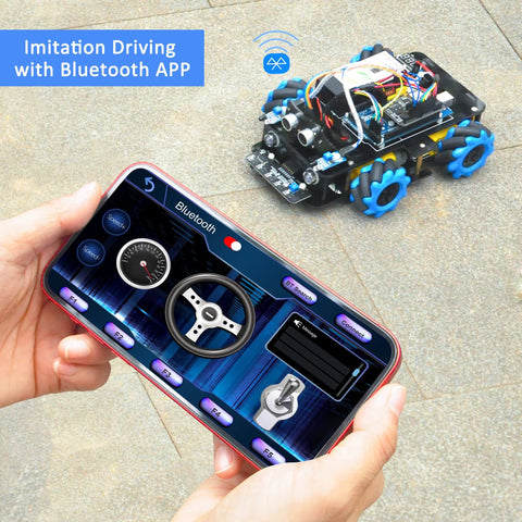 Toy robot car kit with blue omni wheels, Arduino-compatible, Bluetooth control via smartphone.