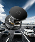 Heavy Duty Car Phone Holder Magnetic Mount With 360 Degree Rotation And Beefed Up Vacuum Suction For MagSafe Phones Fits iPhone 16 Pro Max And 15 14 13 12 Plus displayed with vehicles on a road.