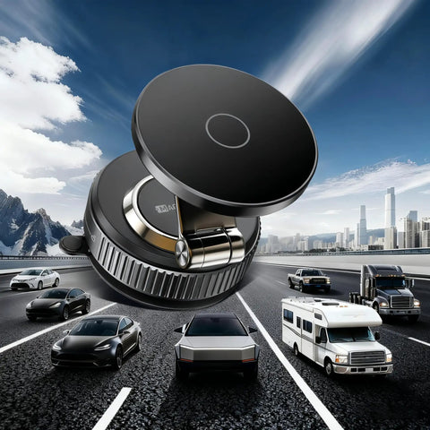 Heavy Duty Car Phone Holder Magnetic Mount With 360 Degree Rotation And Beefed Up Vacuum Suction For MagSafe Phones Fits iPhone 16 Pro Max And 15 14 13 12 Plus displayed with vehicles on a road.