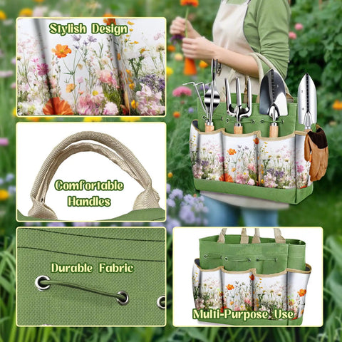 Heavy Duty 9 Piece Garden Tool Set With Floral Organizer Tote Rust Proof Hand Tools Thickened Repotting Mat All In One Gardening Kit Perfect Gift For Women And Moms Green with floral design and stainless steel tools