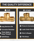 Brass pipe tee 1/2" M x 1/2" F x 1/2" M; left polished, right corroded, plumbing fittings comparison