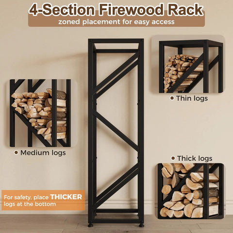 4 Tier Indoor Firewood Rack 47 Inch Tall Heavy Duty Log Holder For Fireplace Minimalist Black Design Space Saving Vertical Storage