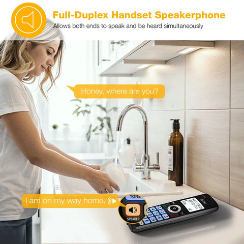 Top Shelf Five Handset Landline Phone System That Straight Up Blocks Spam Calls features full-duplex speakerphone in a kitchen setting.