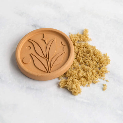 Terracotta Brown Sugar Saver Disc With Elegant Leaf Design And No Fuss Use beside softened brown sugar on white surface.