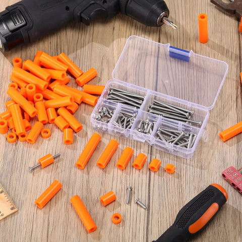 Outlet Spacer And Screw Kit with 60 orange spacers and 90 screws in 6 lengths for household and industrial wiring.