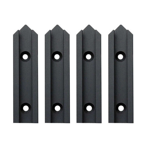 Four black pieces of the Beefy Aluminum T Track 3 Inch Intersection Kit for Woodworking Double Cut Profile with Pre Drilled Mounting Holes visible.