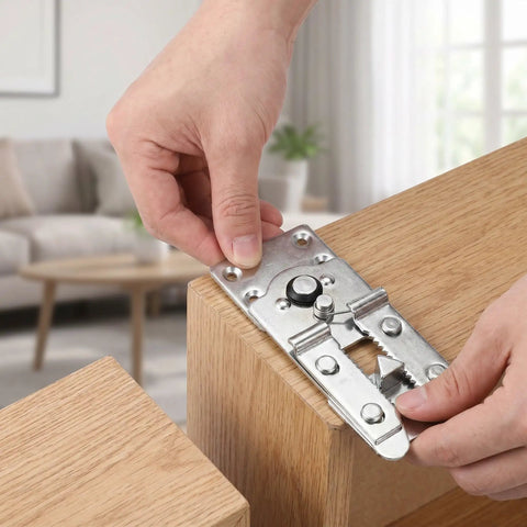 Person installing Rock Solid Six Piece Set Couch Joining Brackets For Sectional Sofas Galvanized Steel Connector Clips on wood.