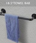 18.5 inch towel bar from Industrial Pipe Bathroom Hardware Set Seven Piece Wall Mount Kit with a blue towel in farmhouse style.