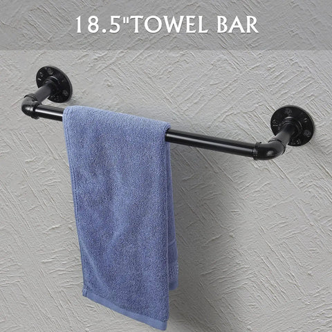 18.5 inch towel bar from Industrial Pipe Bathroom Hardware Set Seven Piece Wall Mount Kit with a blue towel in farmhouse style.