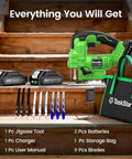 Straight Up Compact Cordless Jigsaw Kit With Dual 2.0Ah Batteries Rapid Fire Charging And Nine Snap Swap Blades For Effortless Trim Woodworking And Quick Lumber Cuts No Sweat displayed with jigsaw, batteries, and blades on wooden stairs.