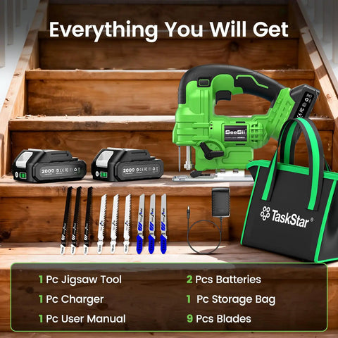Straight Up Compact Cordless Jigsaw Kit With Dual 2.0Ah Batteries Rapid Fire Charging And Nine Snap Swap Blades For Effortless Trim Woodworking And Quick Lumber Cuts No Sweat displayed with jigsaw, batteries, and blades on wooden stairs.