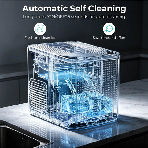 Smooth Countertop Bullet Ice Maker With Zero Hassle Setup And Custom Brick Panel, showcasing automatic self-cleaning feature.