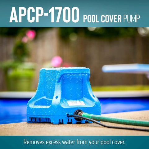 Automatic Submersible Pool Cover Pump 115V 1/3 HP With 1745 GPH, 25 Ft Cord, Light Blue Body in use on pool edge.