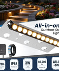All In One Outdoor Retaining Wall Lights Kit With Transformer 2700K Warm White Hardscape Landscape Lighting IP68 Waterproof Step Lights For Patio Stairs Fence Decor 3W 8 Pack image showing product features and lighting setup on steps.