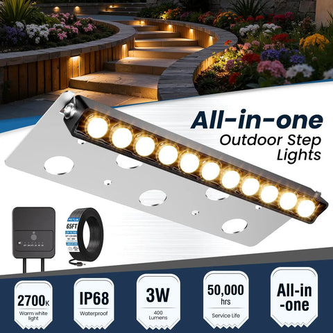 All In One Outdoor Retaining Wall Lights Kit With Transformer 2700K Warm White Hardscape Landscape Lighting IP68 Waterproof Step Lights For Patio Stairs Fence Decor 3W 8 Pack image showing product features and lighting setup on steps.