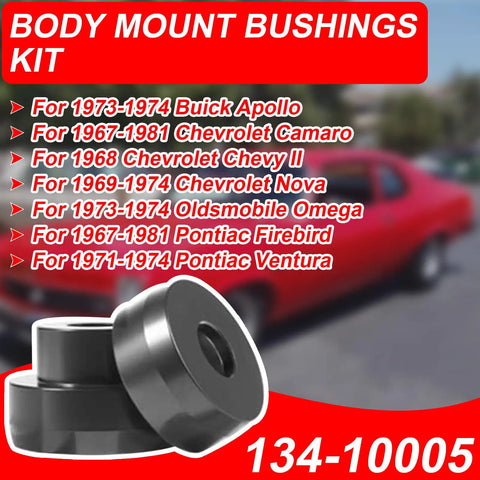 Beefed Up Billet Aluminum Body Mount Bushings Kit For Camaro Nova Chevy II 1968 1981 on red background with car models listed