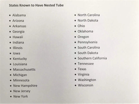 List of U.S. states with nested tube presence, including Alabama, North Carolina, California, and Texas.
