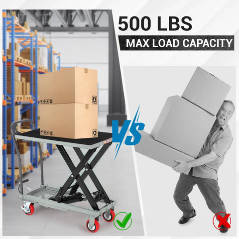 Heavy Duty Hydraulic Lift Table Cart With 500 Lbs Capacity And Badass Powder Coated Steel Frame for easy moving of boxes.