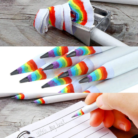 Rainbow Paper Pencils Set 24 Pieces Number 2 HB Graphite Pencils With White Barrels shown sharpened and used for writing