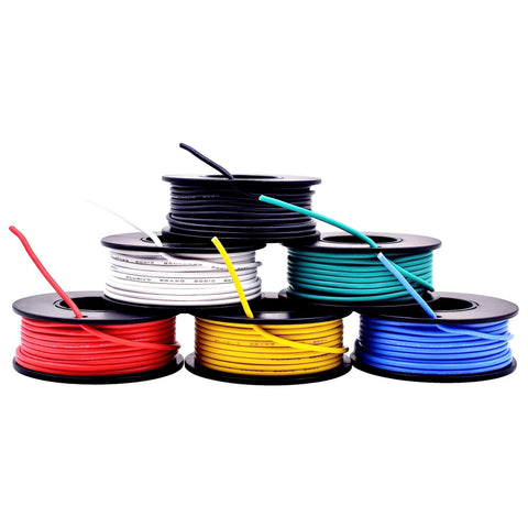 20 Gauge Solid Core Wire Kit For Prototyping, PVC Coated Copper, 6 spools in Black, Red, Yellow, Green, Blue, and White, 23 Ft each