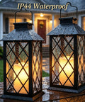 2-Pack 14-Inch Large Tempered Glass Solar Lanterns Outdoor Waterproof Hanging Lights With Realistic Flickering Flameless Candles in rain