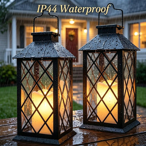 2-Pack 14-Inch Large Tempered Glass Solar Lanterns Outdoor Waterproof Hanging Lights With Realistic Flickering Flameless Candles in rain
