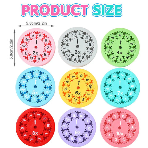 Colorful 9 Piece Math Fidget Spinner Set For Kids Cool Spin Toy That Makes Multiplication And Division Fun with size details.